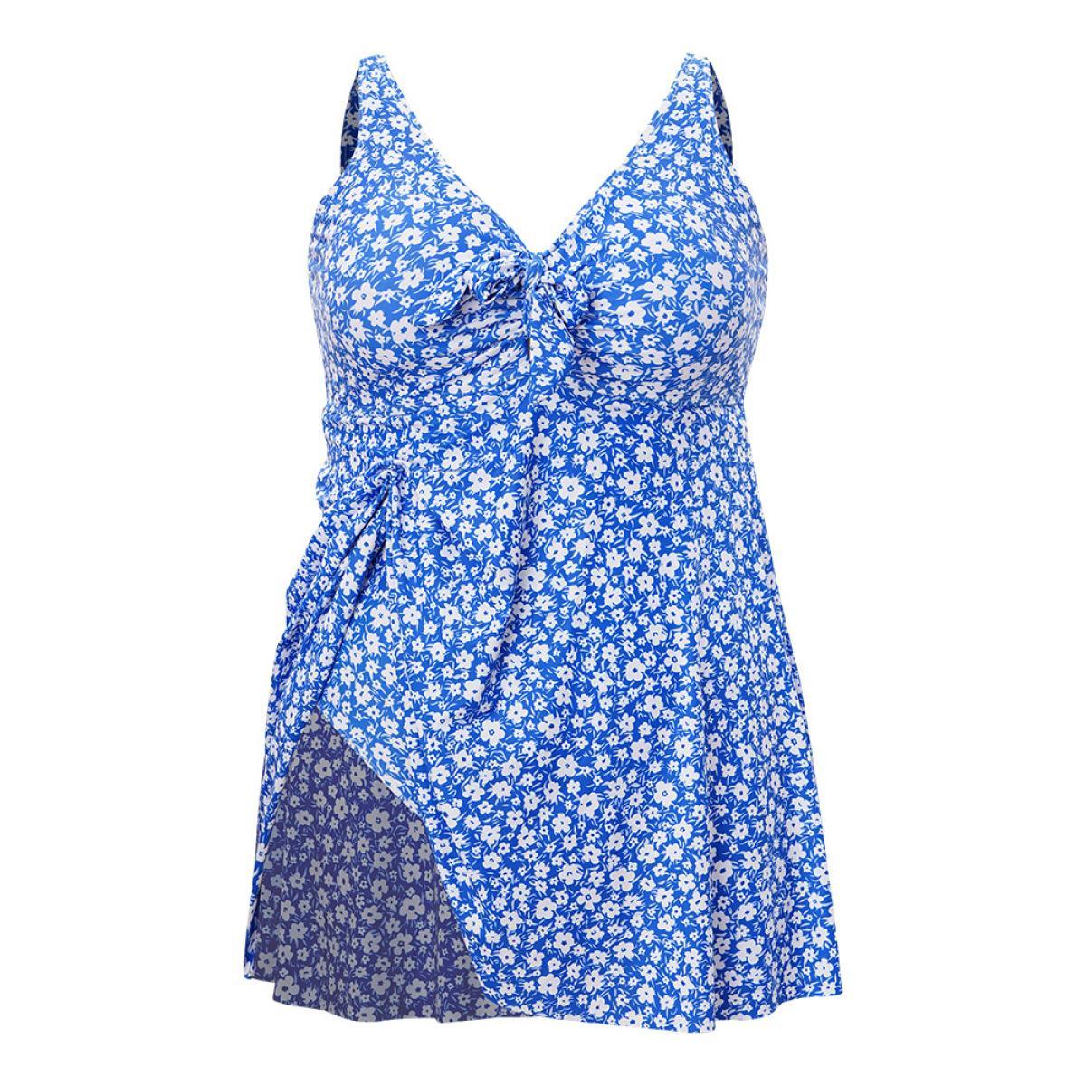 Plus Size Ditsy Floral Ruffle Knotted Front Swim Dress Women's Swimwear Blue Vacation Bodycon V-neck High stretch Curve Swim Dresses BloomChic 26/4X Product Image