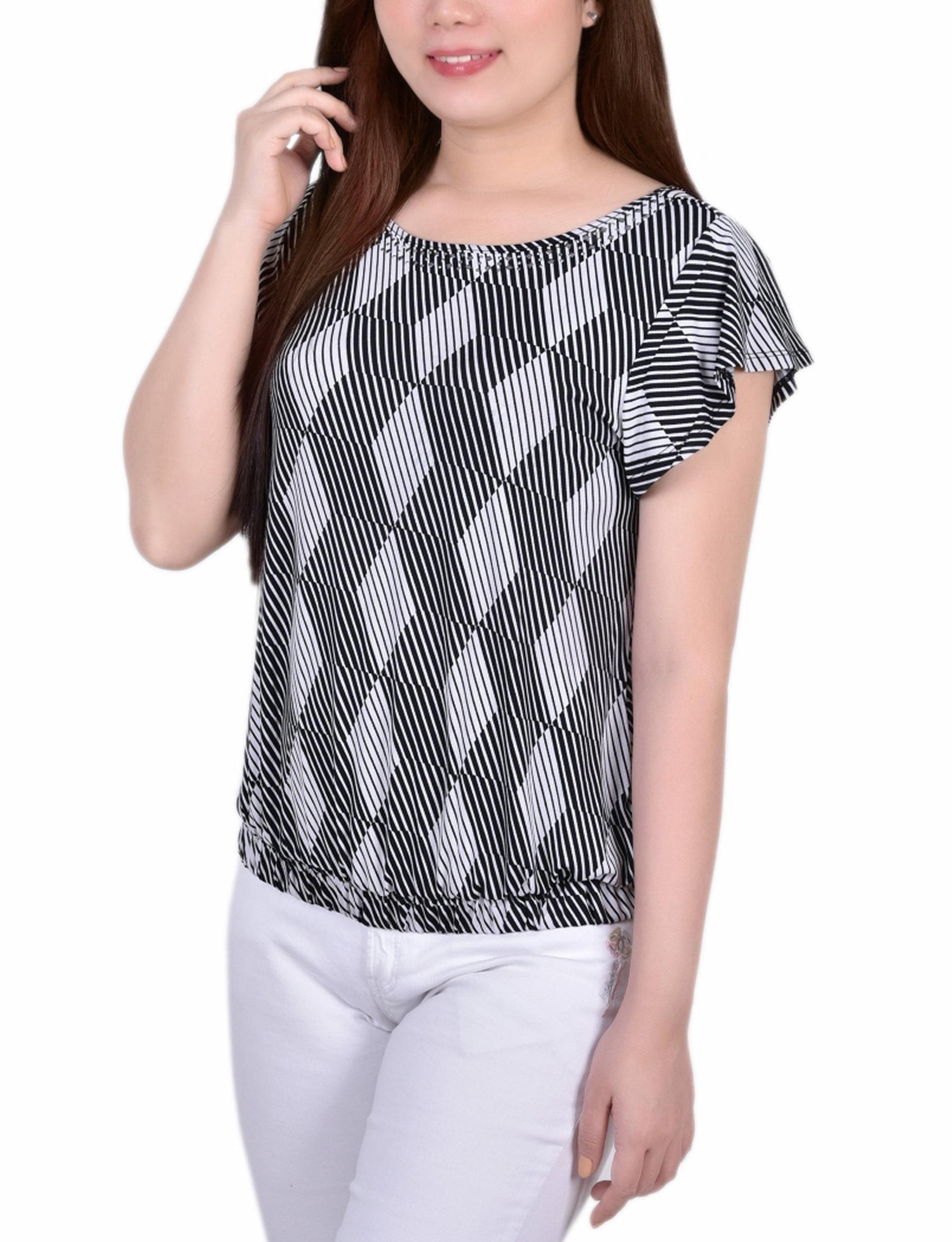 Black White Abstract Flutter Sleeve Top - Petite Product Image
