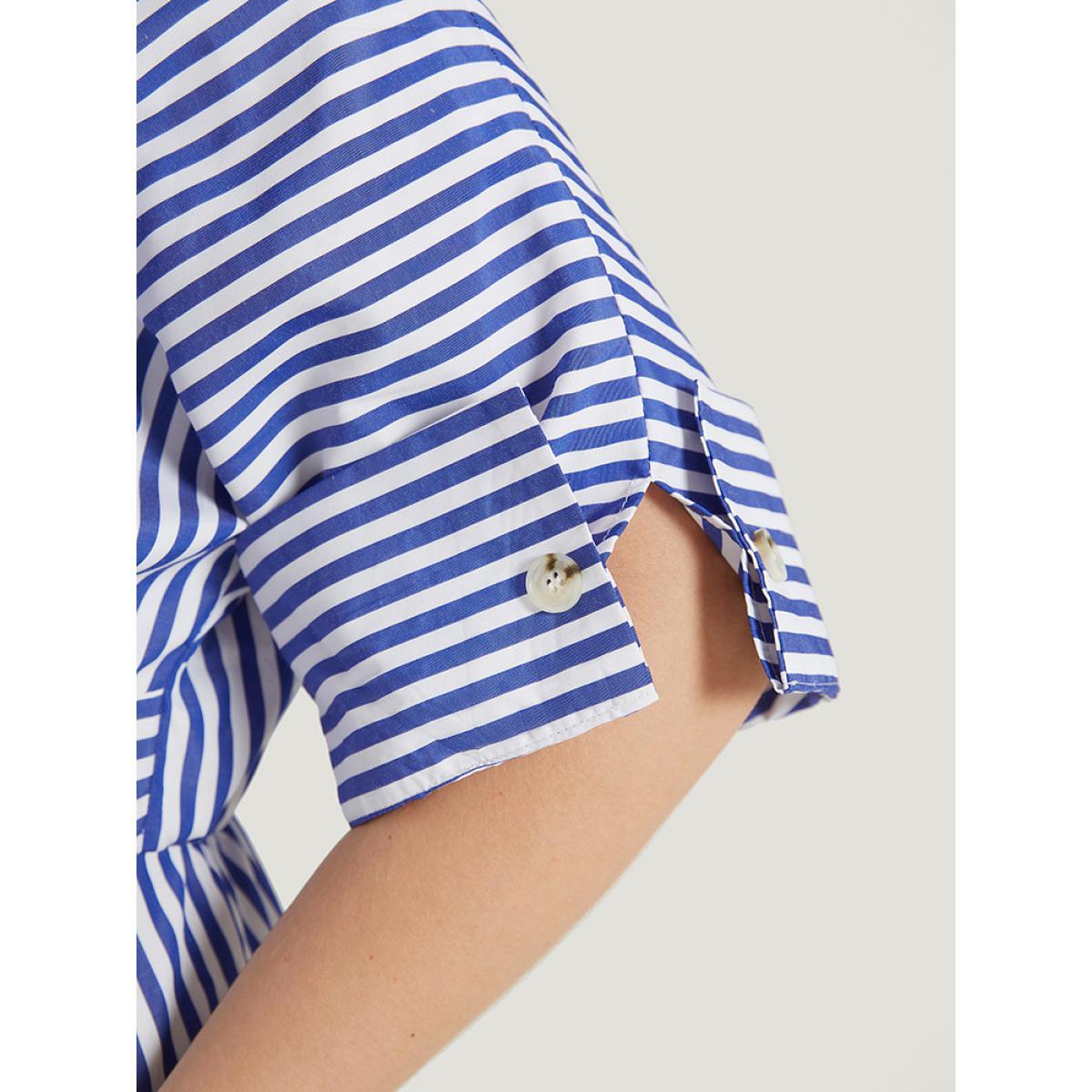 Plus Size V Neck Striped Pocket Ruffle Hem Button Detail Dress Blue Women Elegant Texture V-neck Half Sleeve Curvy Midi Dress BloomChic 14-16/1X Product Image