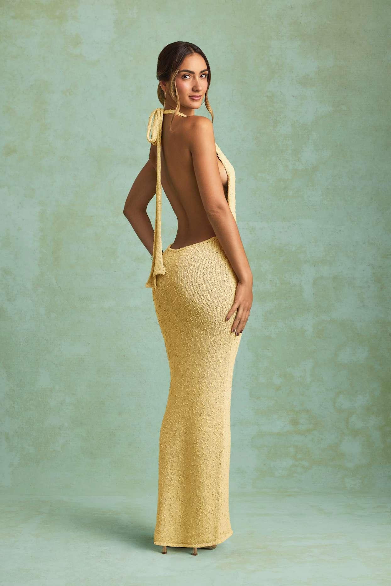 Bouclé Halterneck Maxi Dress in Yellow Product Image