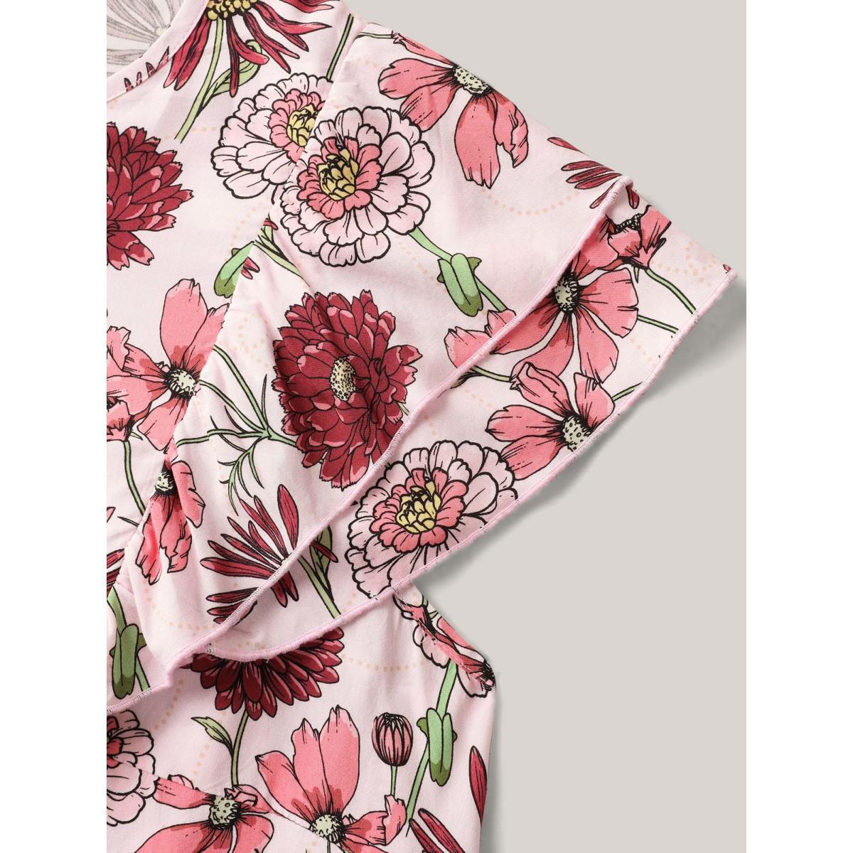 Plus Size Lightpink Large Floral Print Layered Sleeve Blouse Women Cap Sleeve Round Neck Everyday-Elegant Blouses BloomChic 28/5X Product Image