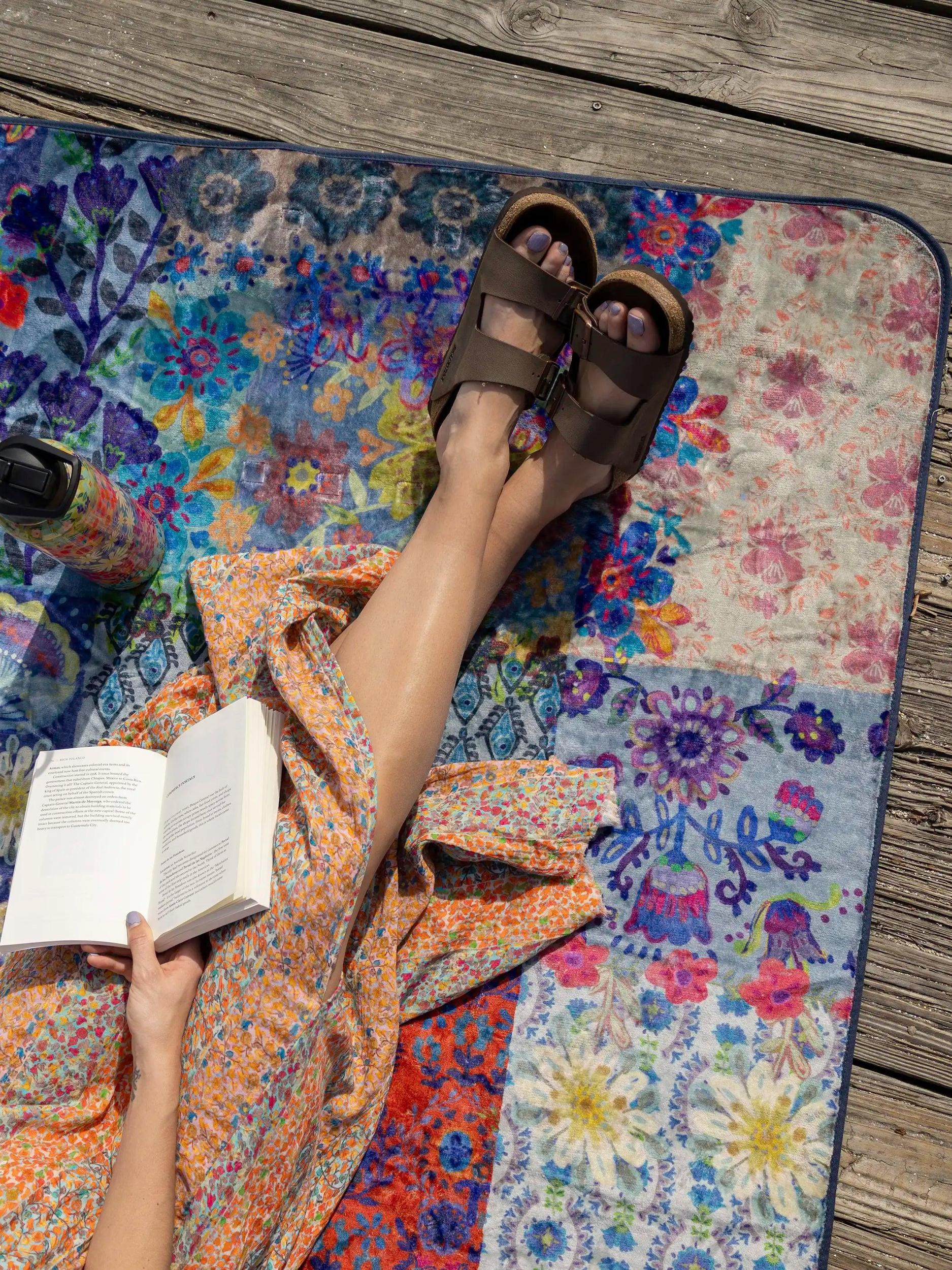 XL Water Resistant Picnic Blanket - Blue Patchwork Product Image