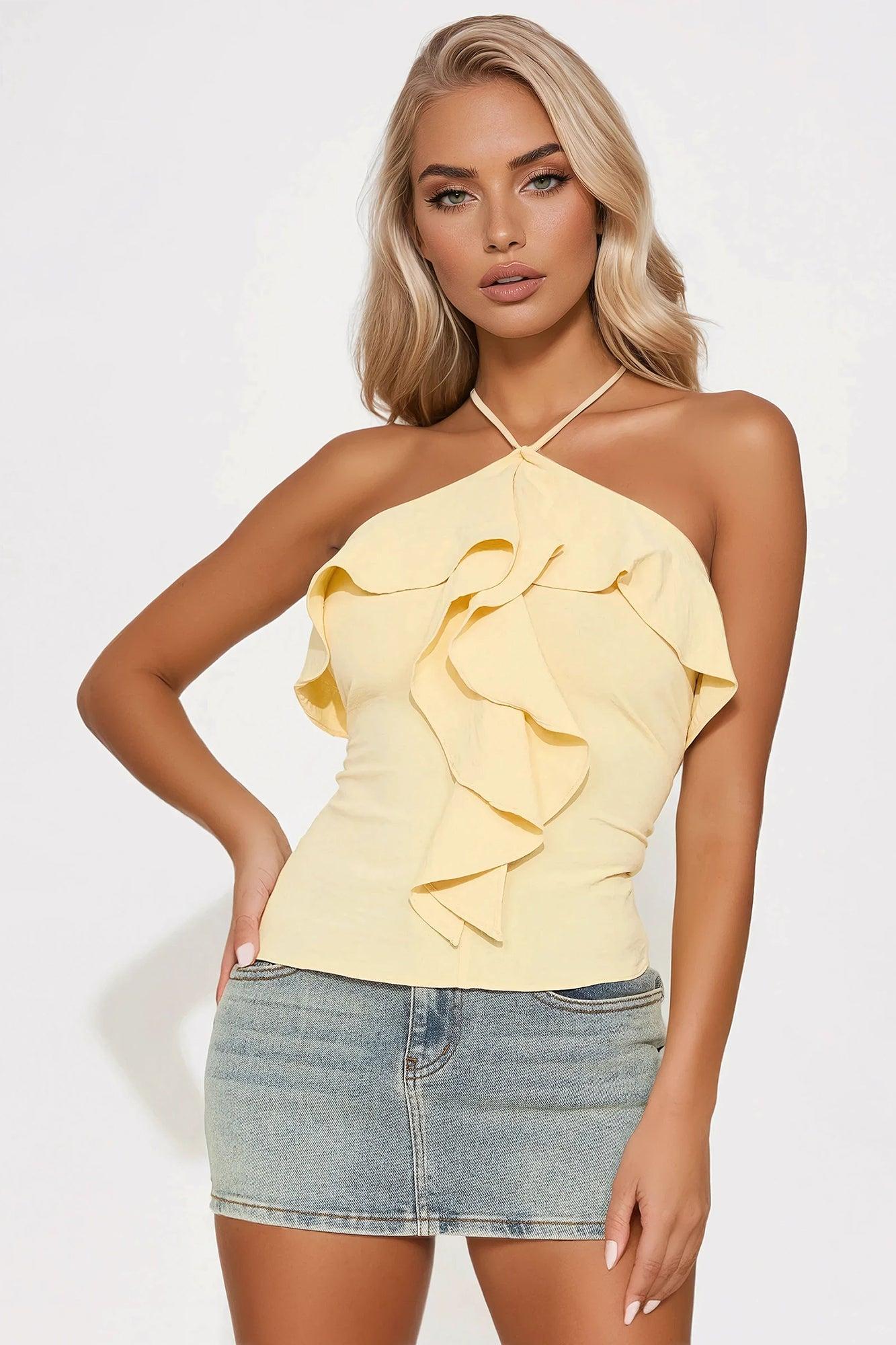 Bella Ruffle Halter Top - Butter Yellow Product Image
