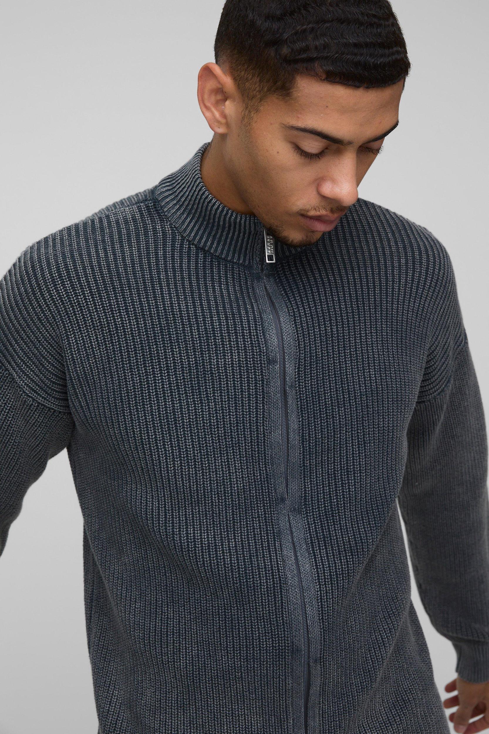 Relaxed Funnel Neck Zip Up Acid Wash Knitted Sweater | boohooMAN USA Product Image