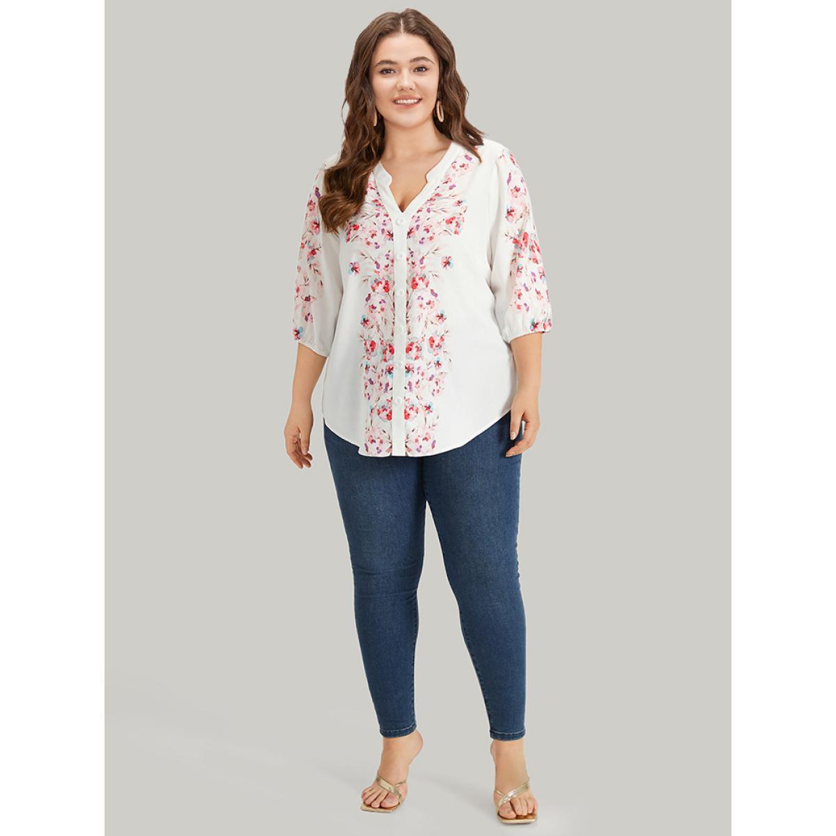 Plus Size White Floral Print Button Detail Notched Lantern Sleeve Blouse Women Elegant Half Sleeve Notched collar Dailywear Blouses BloomChic 18-20/2X Product Image