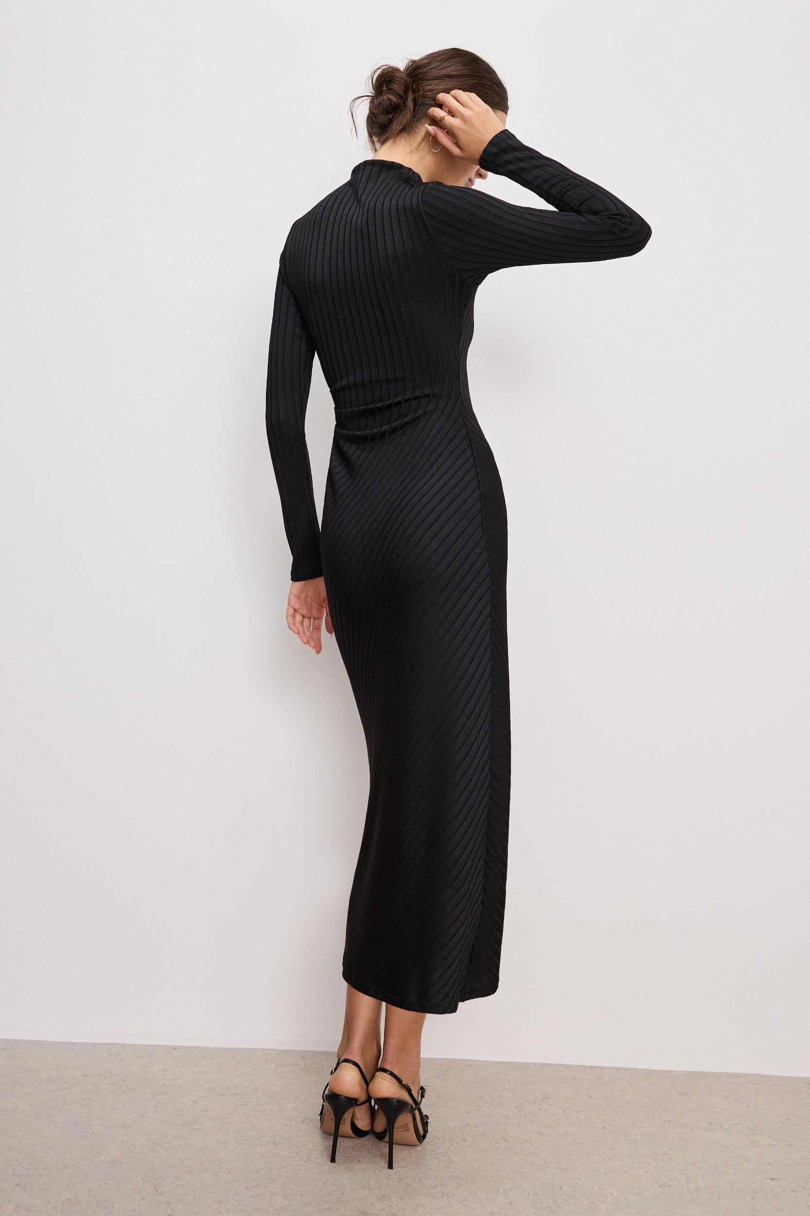 RIB FUNNEL NECK MIDI DRESS | BLACK001 Product Image