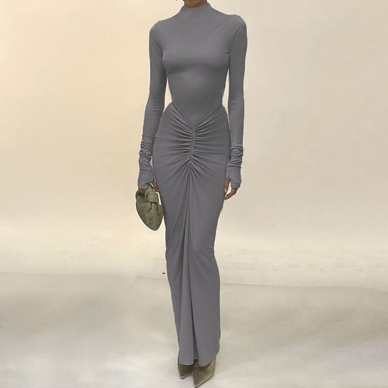Long Sleeve Mock Neck Plain Ruched Maxi Bodycon Dress Product Image