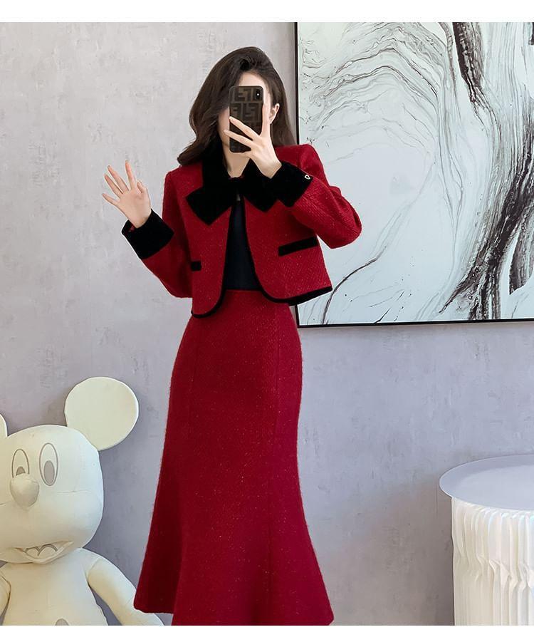 Set: Bow Contrast Trim Jacket + High Rise Mini Mermaid Skirt Product Image