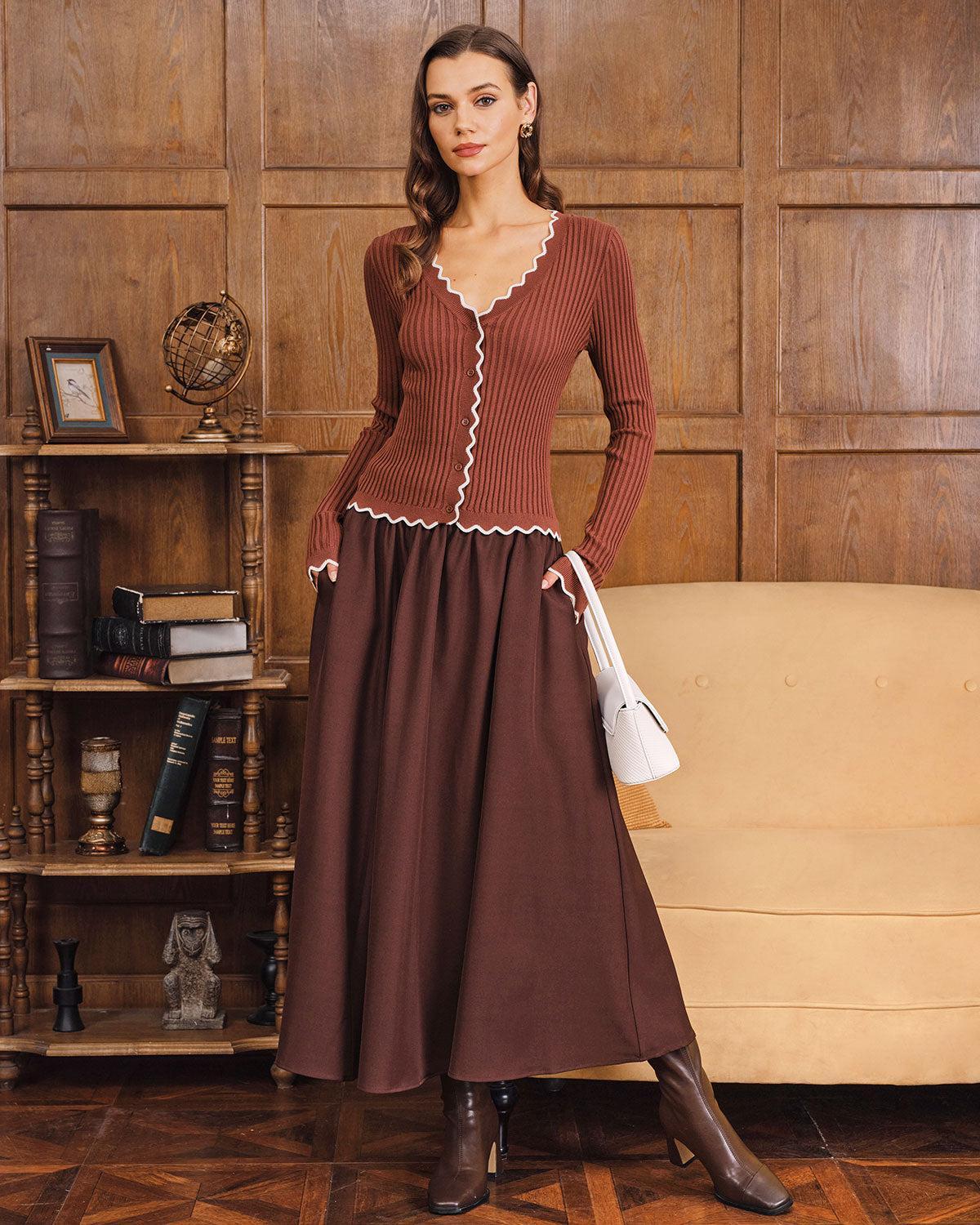 Coffee Contrasting Button Knit Cardigan Product Image