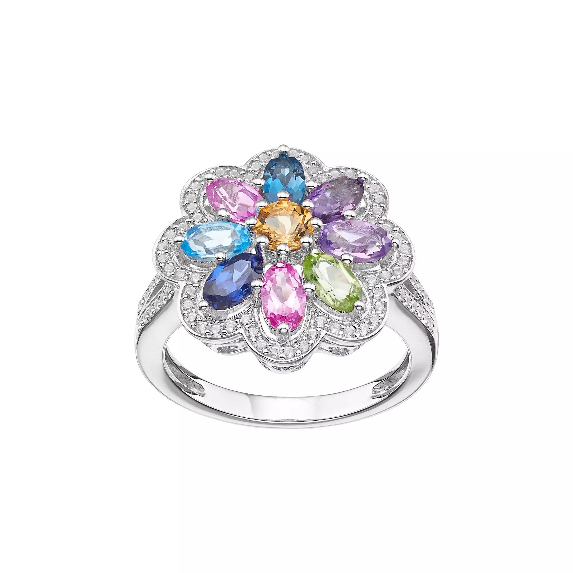 Sterling Silver Gemstone Flower Ring, Women's, Size: 7, Multicolor Product Image