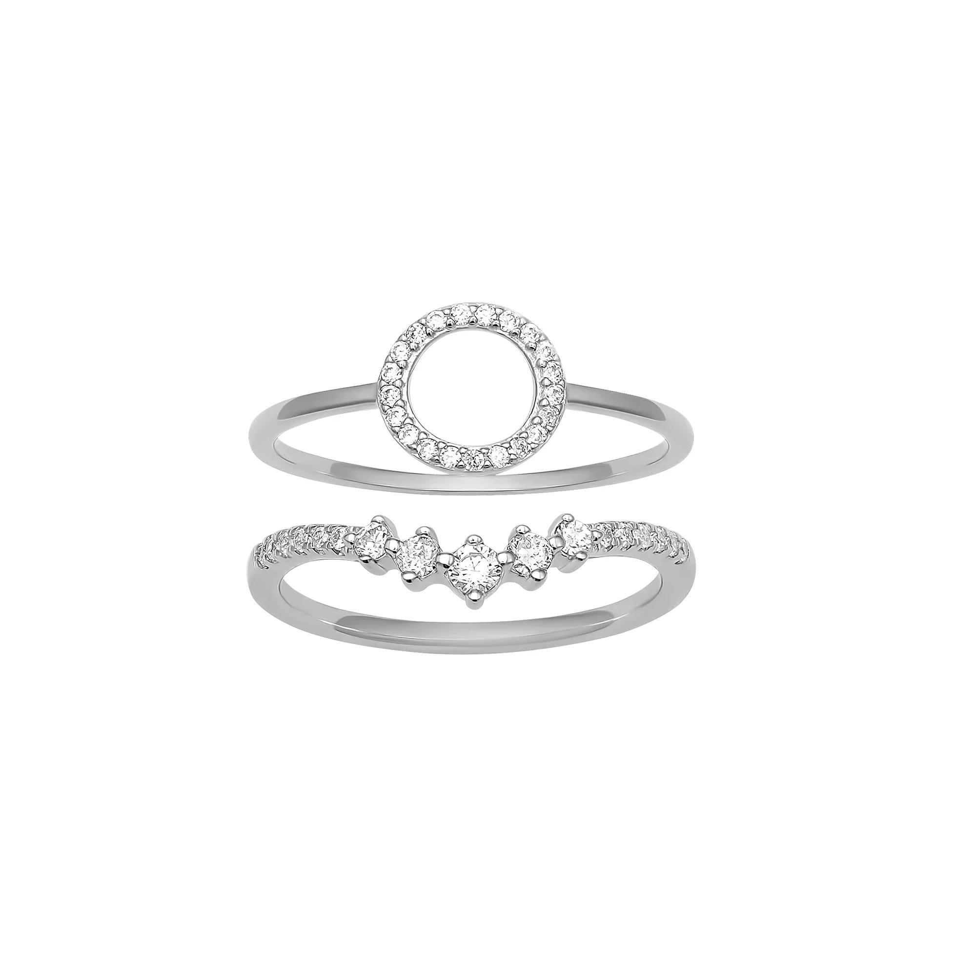 PRIMROSE Sterling Silver Cubic Zirconia Circle & V-Shape Ring Duo Set, Women's, Size: 7 Product Image