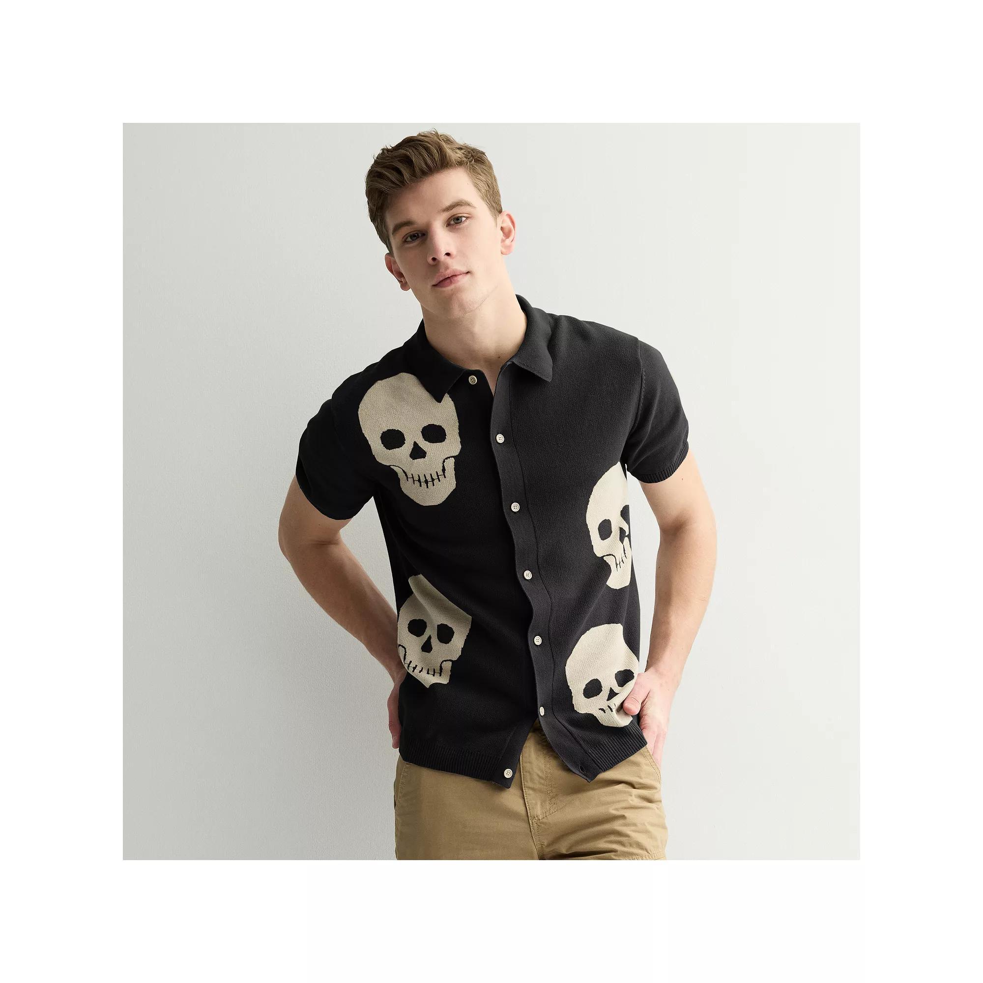 Men's Retrofit Skulls Short Sleeve Button-Down Sweater, Size: Large, Black Product Image