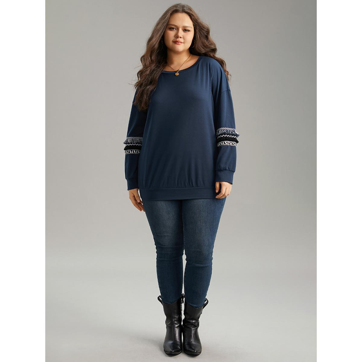 Plus Size Tassels Trim Layered Patchwork Sweatshirt Women DarkBlue Elegant Tassels Round Neck Dailywear Sweatshirts BloomChic 10/M Product Image