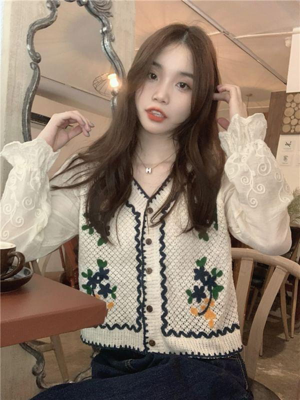 V-Neck Flower Embroidered Lace Trim Cardigan Product Image