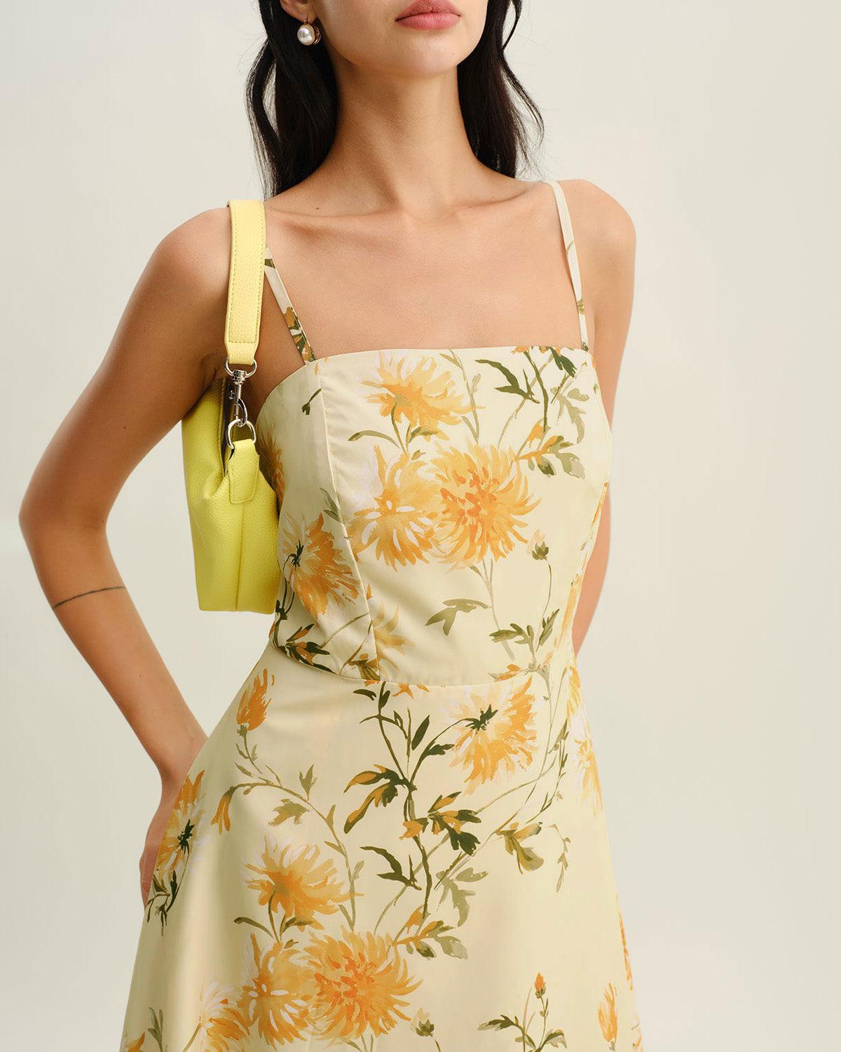 Yellow Floral Shirred Slip Midi Dress Product Image