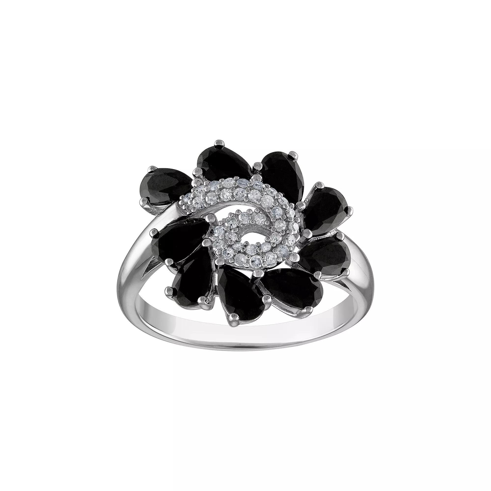 Tiara Sterling Silver Black Onyx & 1/6 Carat T.W. Diamond Swirl Ring, Womens Product Image