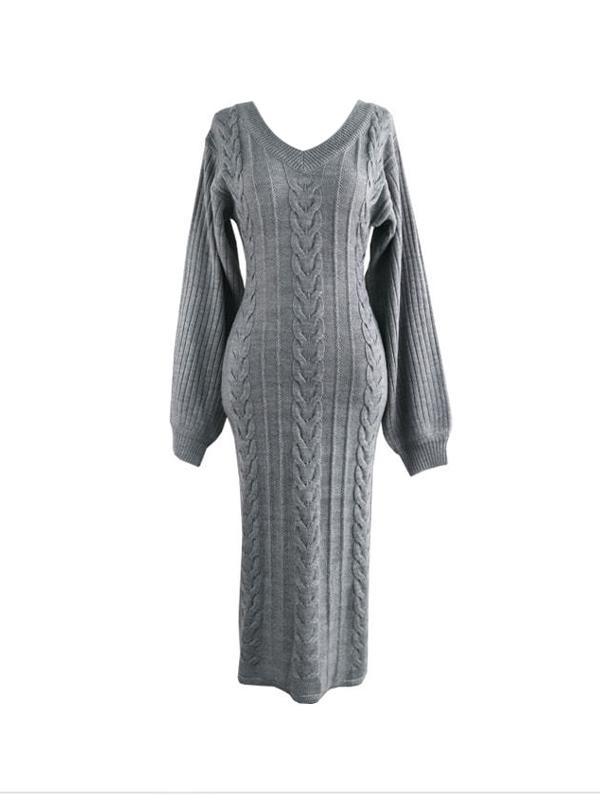 Solid V Neck Cable Knit Split Knit Midi Dress Product Image