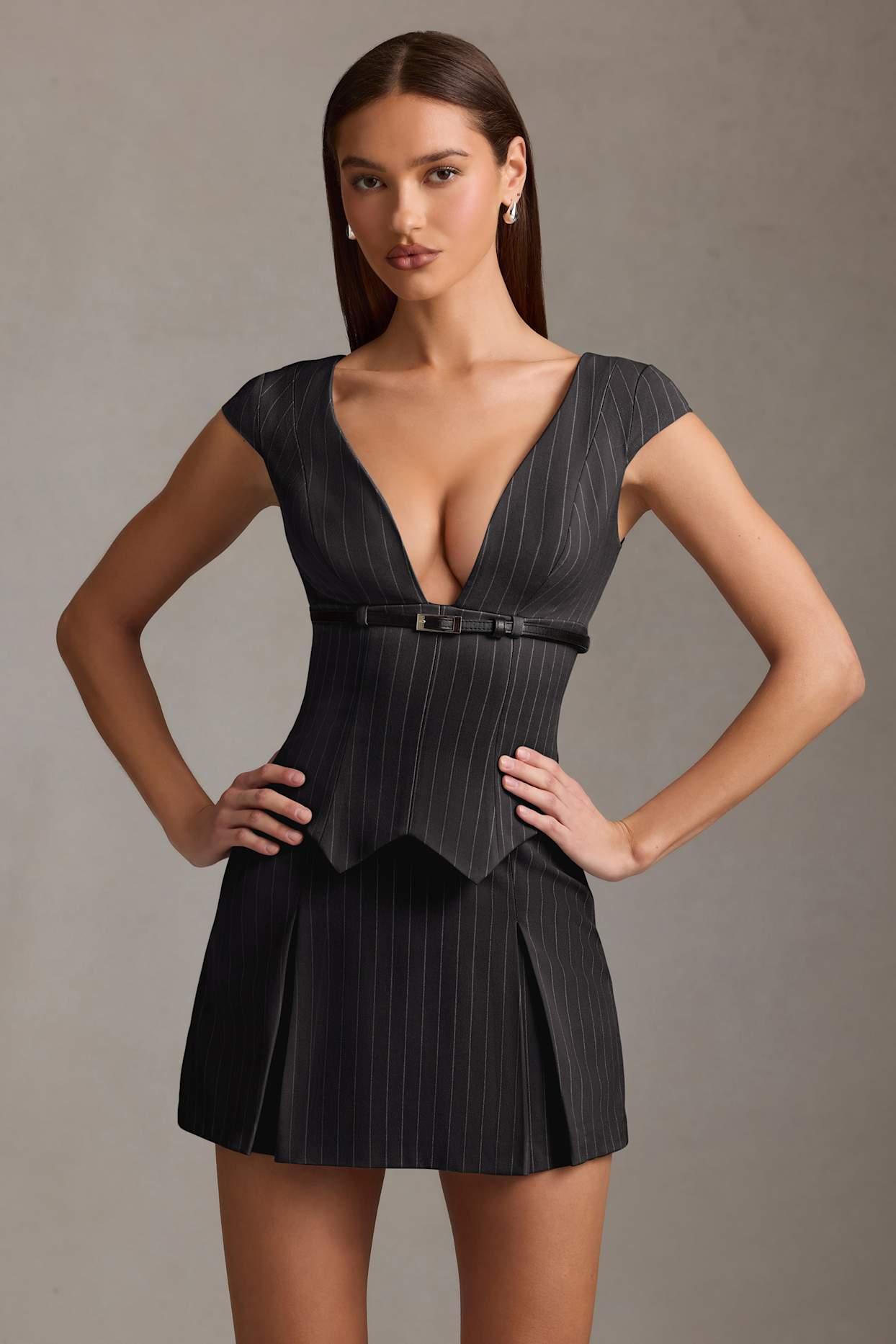 Pinstripe Pleated Waistcoat Mini Dress in Black Product Image