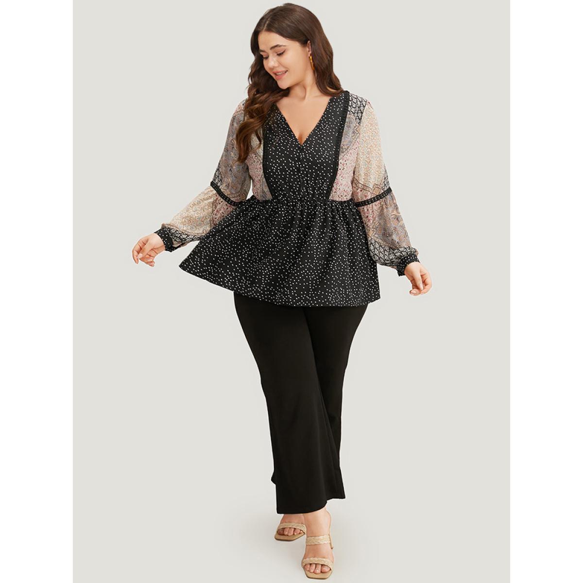 Plus Size BlackFlower Bandana Polka Dot Patchwork Contrast Blouse Women Vacation Long Sleeve V-neck Vacation Blouses BloomChic 30/6X Product Image