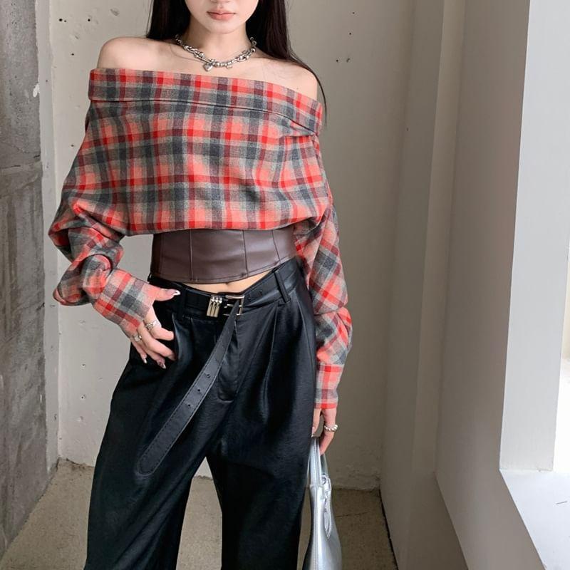 Long-Sleeve Off-Shoulder Plaid Faux Leather Panel Zip-Up Crop Blouse Product Image