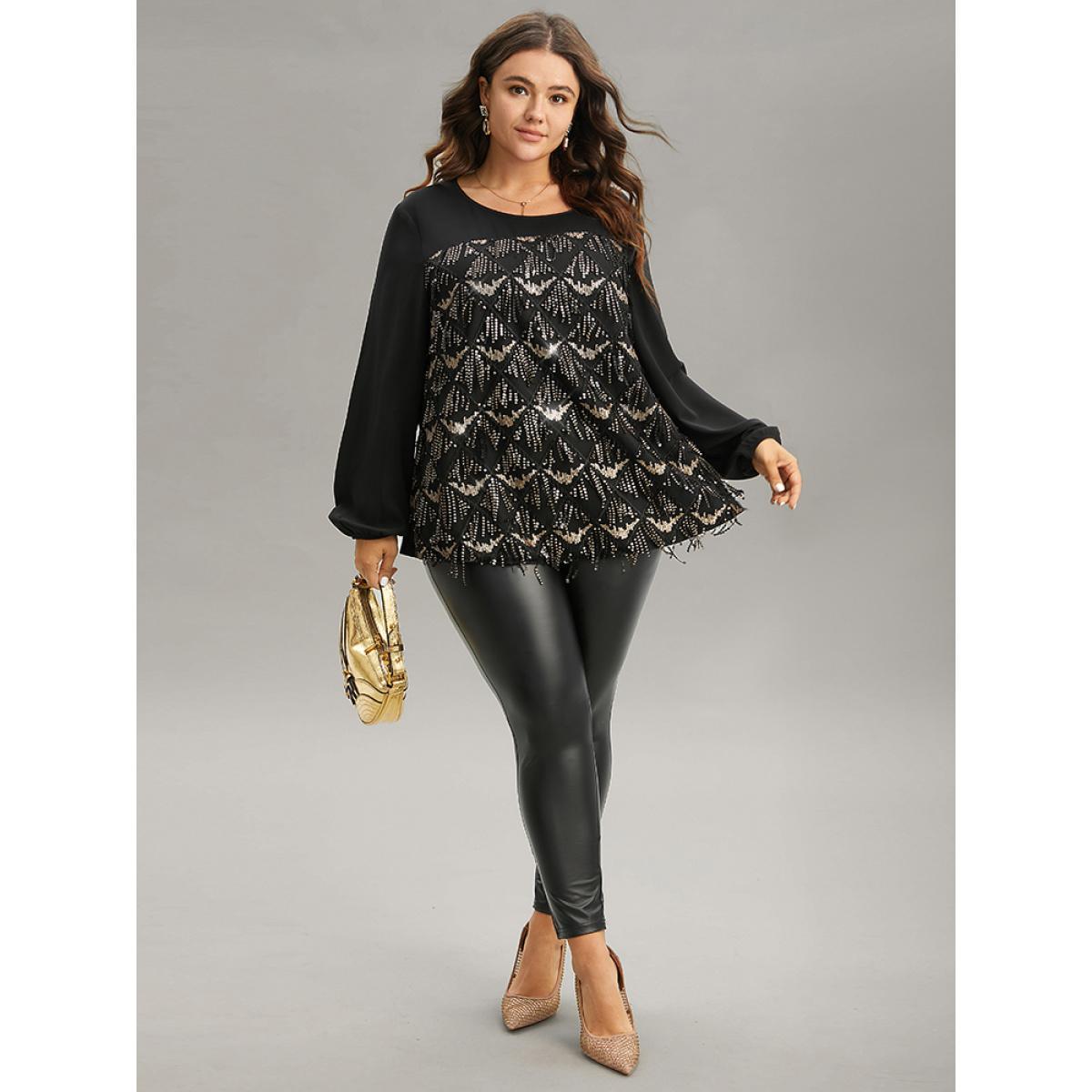 Plus Size Black Sequin Tassel Trim Patchwork Lantern Sleeve Blouse Women Glamour Long Sleeve Round Neck Party Blouses BloomChic 18-20/2X Product Image