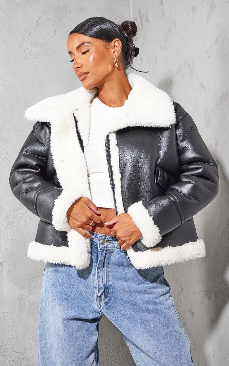Black Faux Fur Lined Faux Leather Buckled Aviator Jacket Product Image