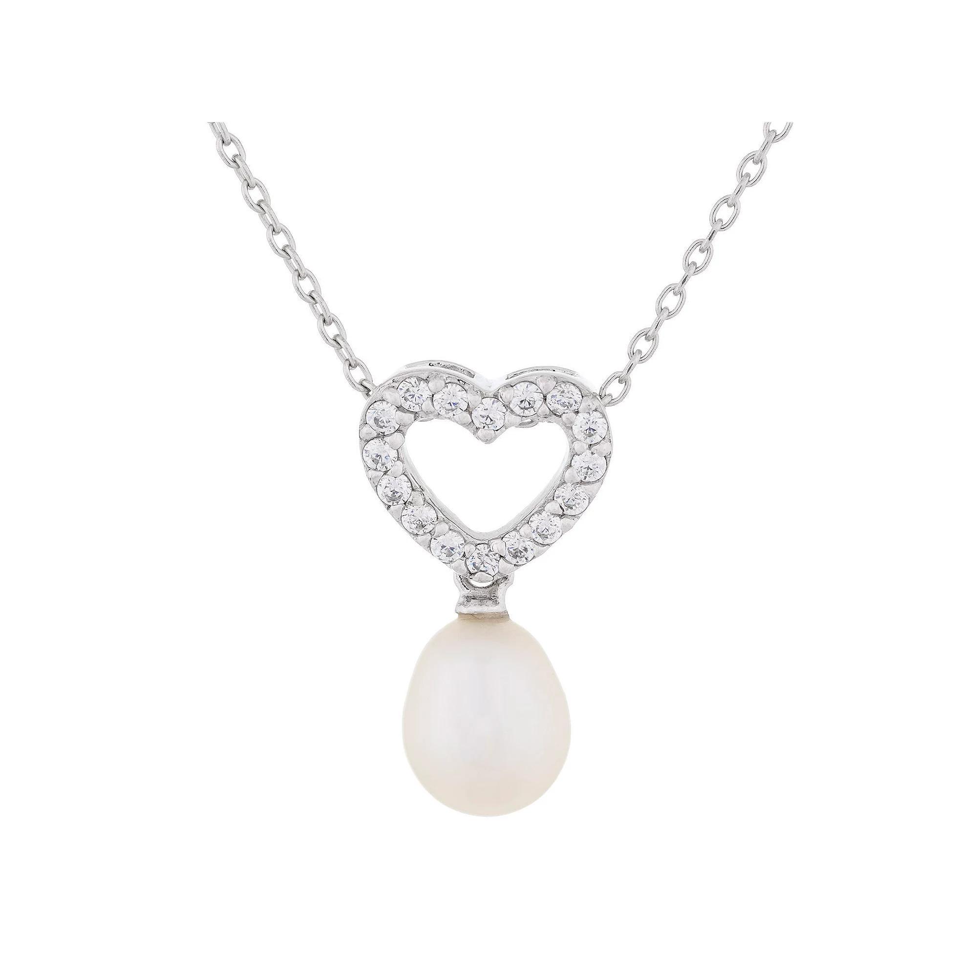 Sterling Silver Freshwater Cultured Pearl Heart Pendant, Women's, Size: 17" Product Image