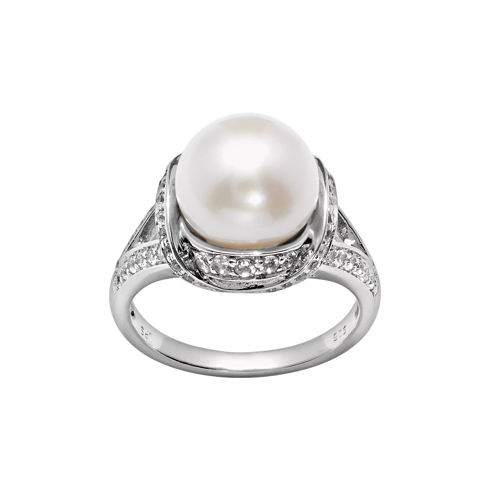 PearLustre by Imperial Sterling Silver Freshwater Cultured Pearl & White Topaz Ring, Womens Product Image