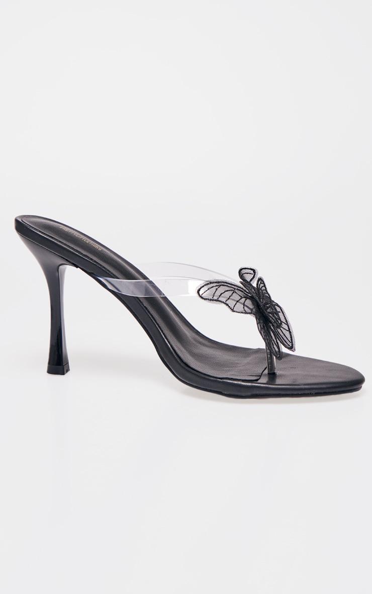 Black PU Round Toe Clear Strap Butterfly Heeled Mules Product Image
