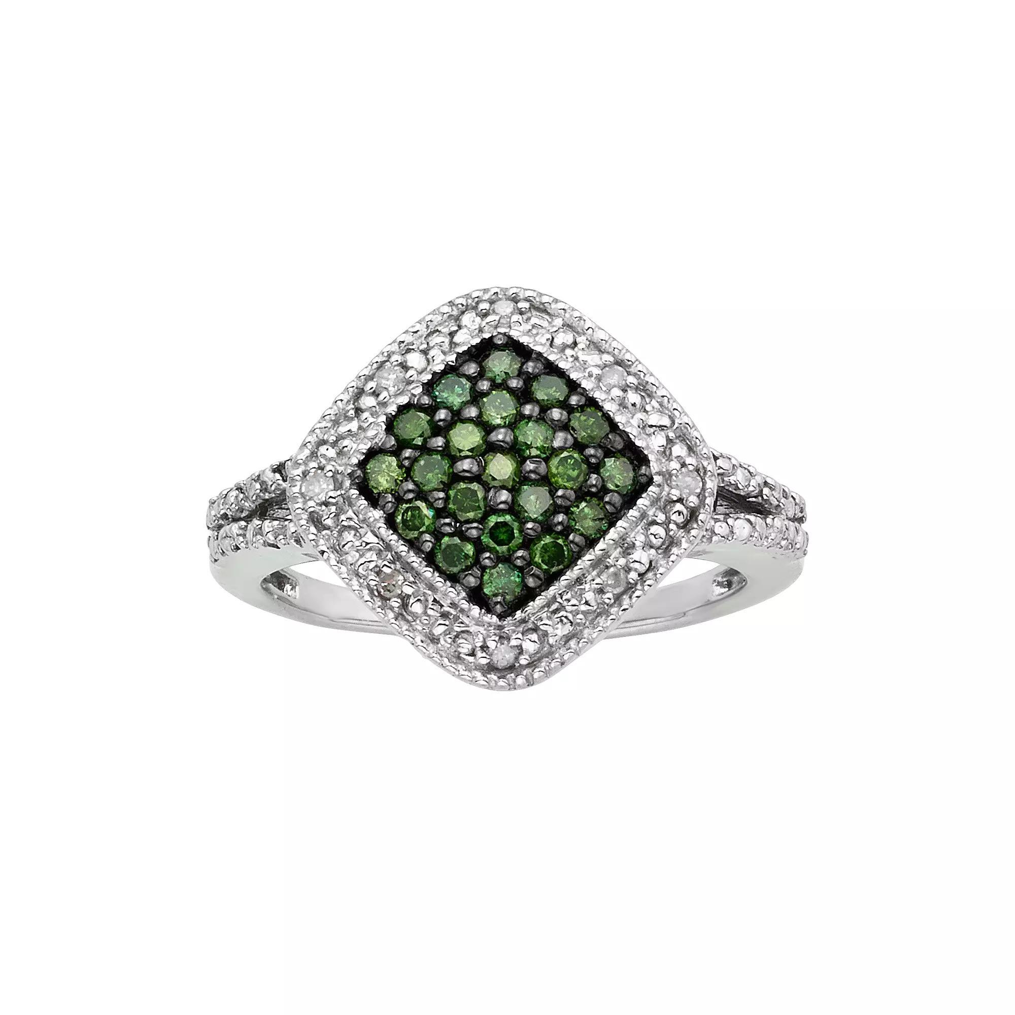 Jewelexcess Sterling Silver 1/3-ct. T.W. Green and White Diamond Square Halo Ring, Women's, Size: 7 Product Image