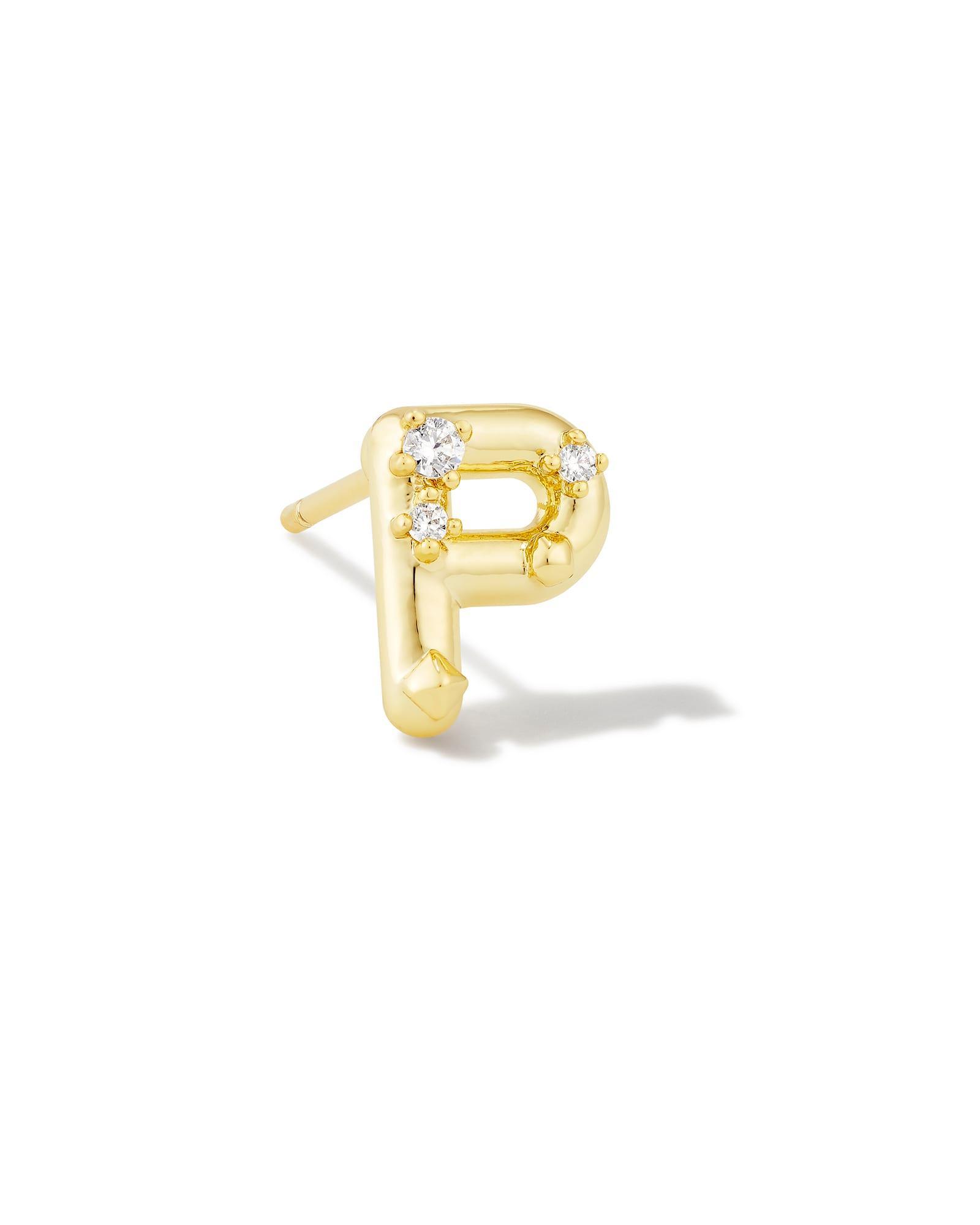 Crystal Letter E Gold Single Stud Earring in White Crystal Product Image