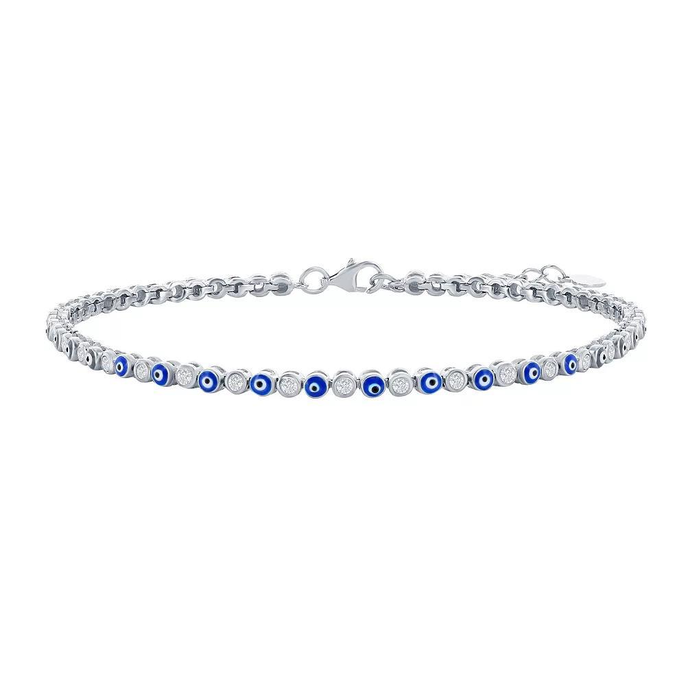 Sterling Silver Cubic Zirconia & Evil Eye Blue Enamel Tennis Anklet, Women's, Size: 9-10" ADJ Product Image