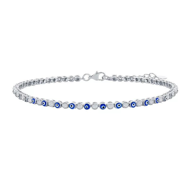 Sterling Silver Cubic Zirconia & Evil Eye Blue Enamel Tennis Anklet, Women's, Size: 9-10" ADJ Product Image