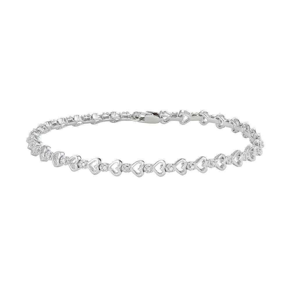 Sterling Silver 1/6 Carat T.W. Diamond Heart Link Bracelet, Women's, Size: 7" Product Image