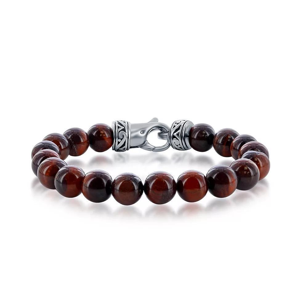 Men's Metallo Stainless Steel Genuine Stone 10mm Bead Bracelet, Size: 8.5", Red Tiger Eye Product Image
