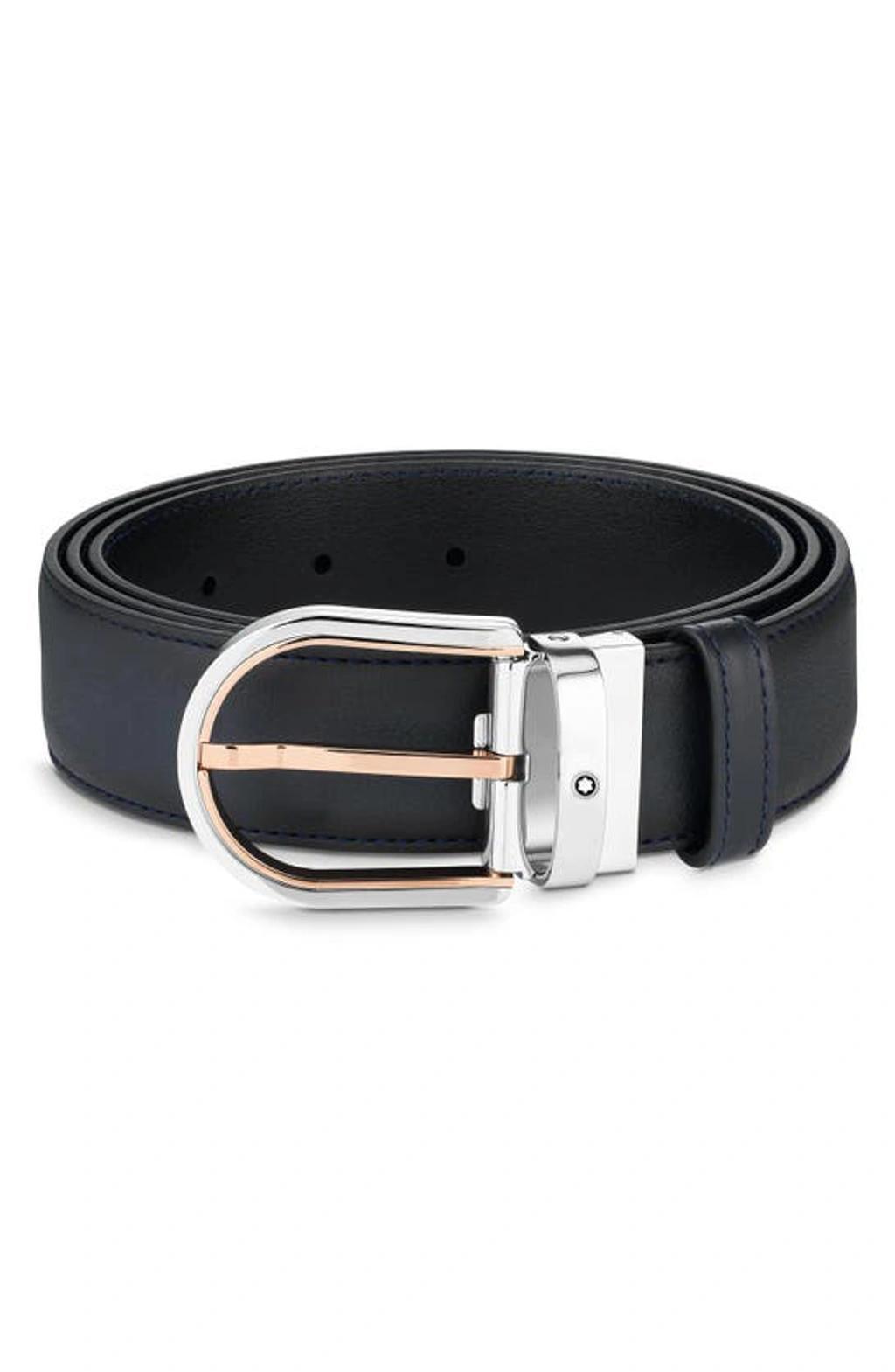 MONTBLANC Horseshoe Buckle Reversible Leather Belt In Blue Product Image