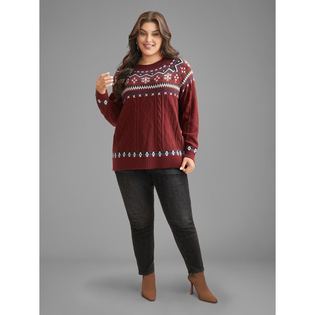 Plus Size Festive Fair Isle Cable Knit Pullover Deepred Women Casual Loose Long Sleeve Round Neck Everyday Pullovers BloomChic 18-20/2X Product Image
