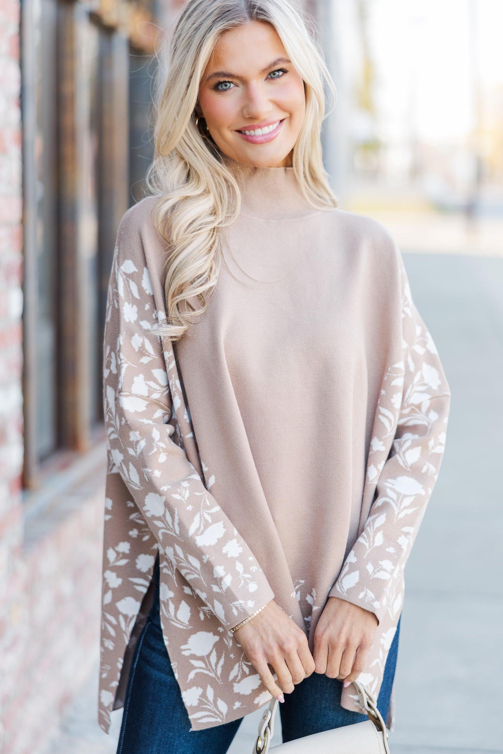 All In Theory Taupe Brown Floral Sweater Tunic Female Product Image