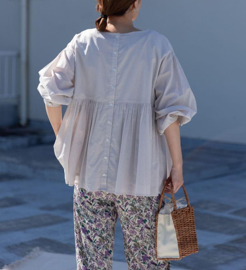 Long-Sleeve Round Neck Plain Peplum Blouse Product Image
