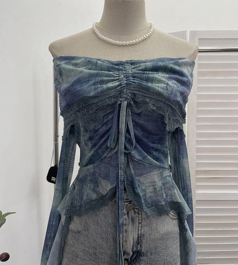 Long-Sleeve Off-Shoulder Ruffle Tie Dye Lace Trim Crop Top Product Image