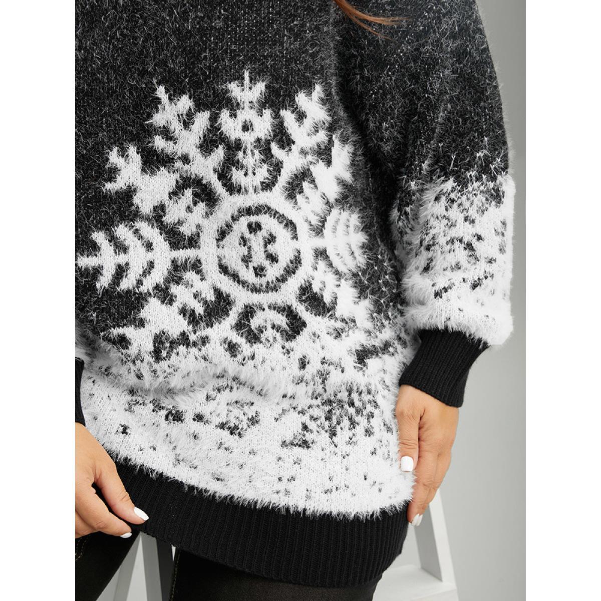 Plus Size Fuzzy Snowflake Elastic Cuffs Pullover Black Women Casual Loose Long Sleeve Round Neck Festival-Halloween Pullovers BloomChic 12/L Product Image