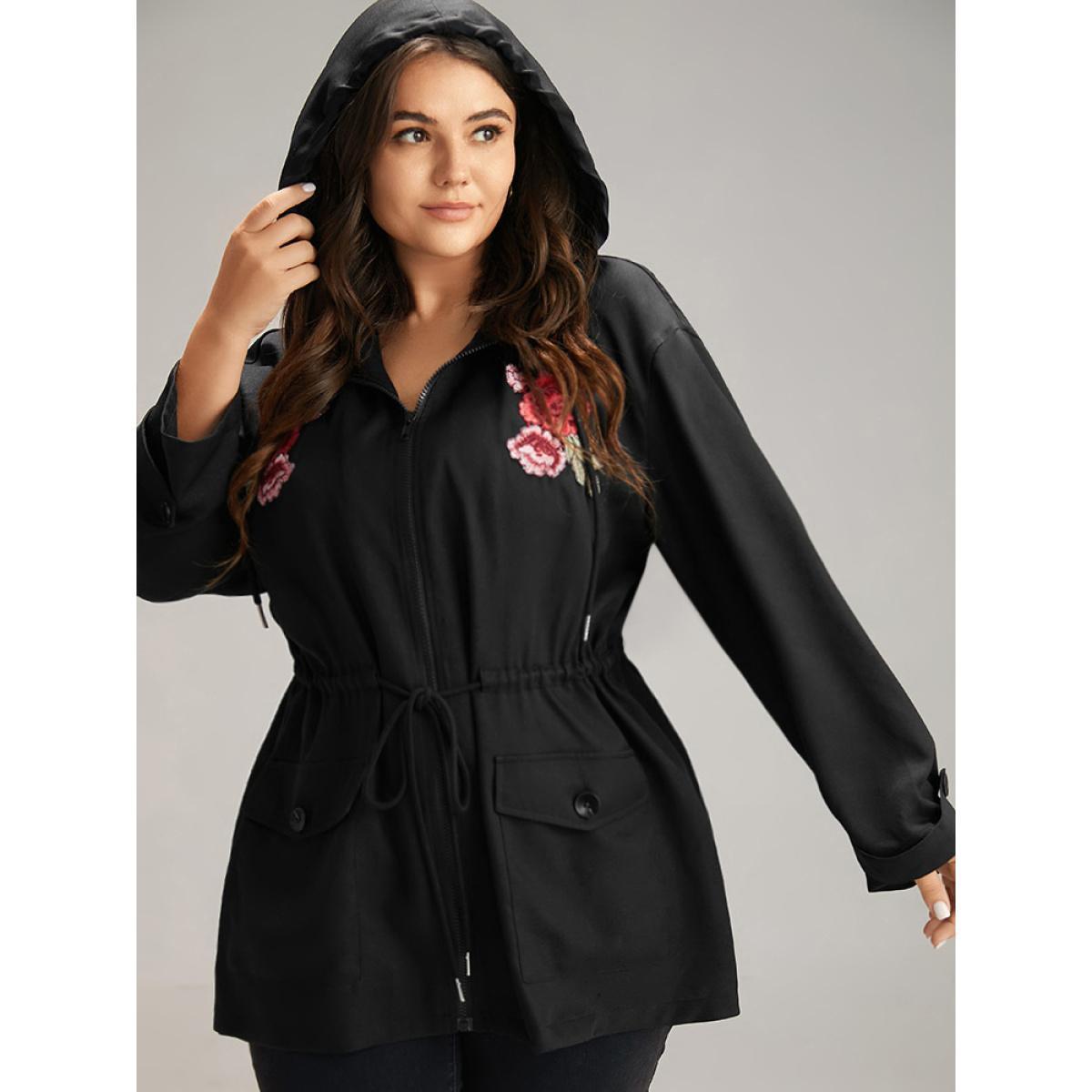 Plus Size Floral Embroidered Elastic Waist Hooded Drawstring Coat Women Black Zipper Pocket Dailywear Jackets BloomChic 30/6X Product Image