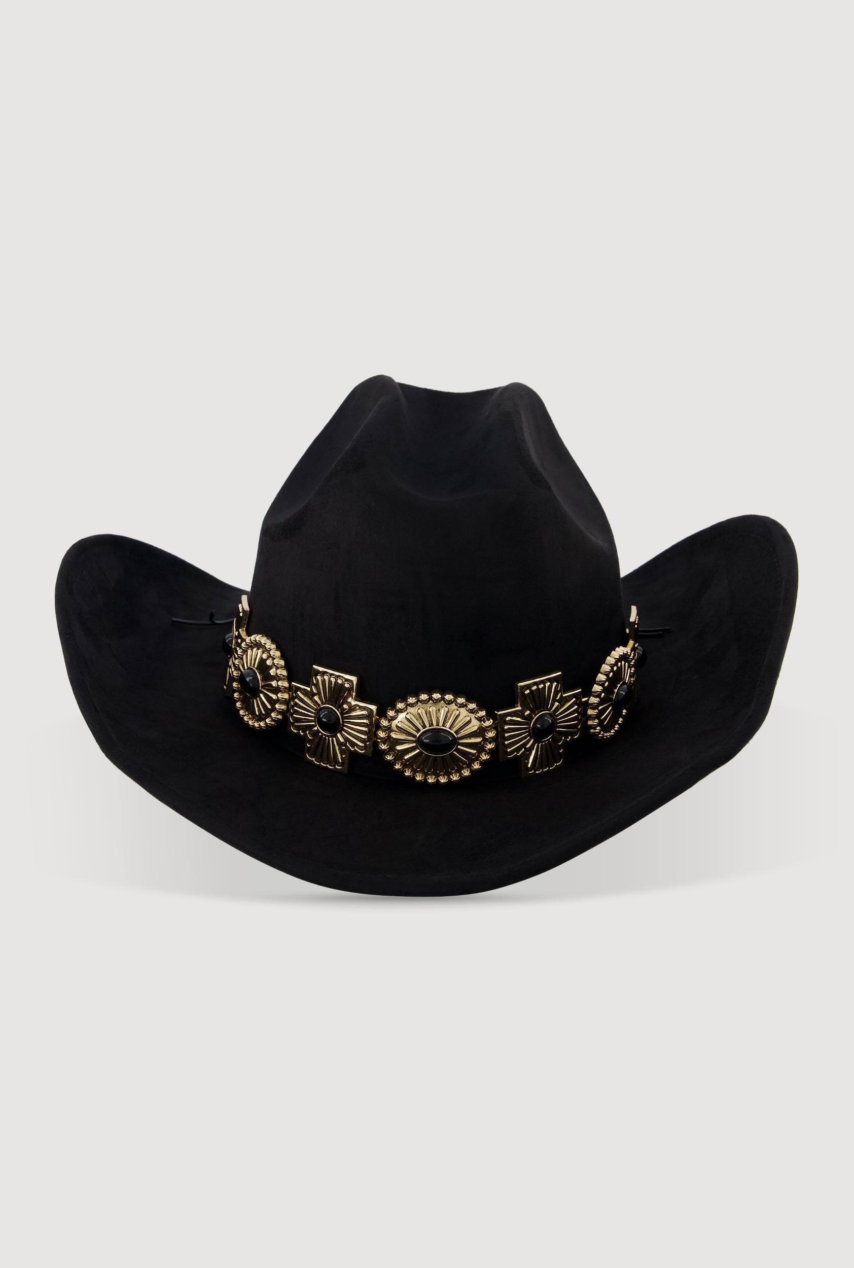 Trendy Faux Suede Metallic Cross Trim Cowboy Hat Female Product Image
