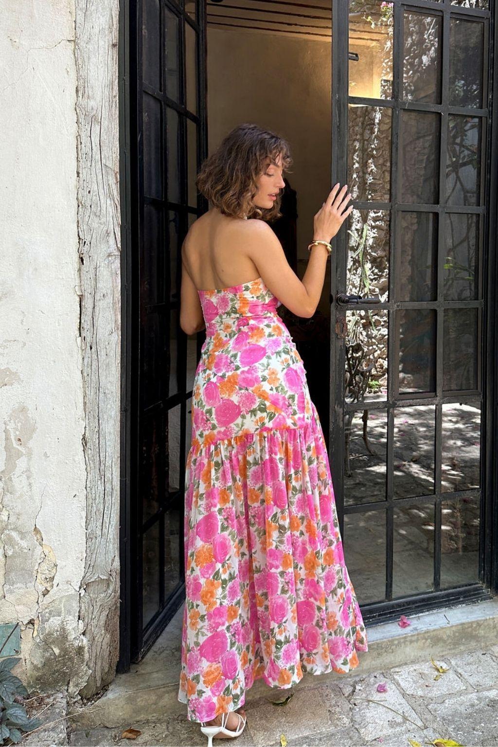 LaBelle Strapless Drop Waist Pink Floral Maxi Dress Product Image