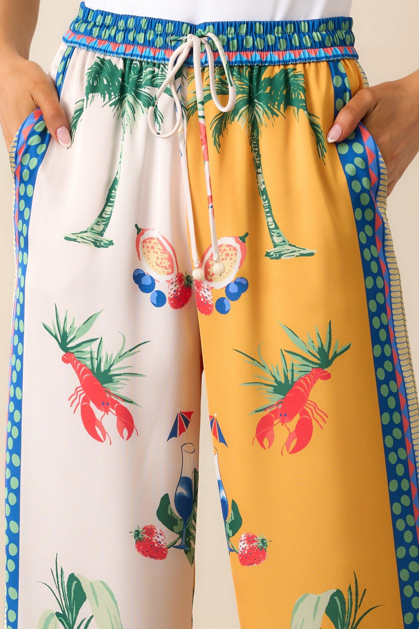 Breathing Deep Yellow Colorblock Coastal Print Drawstring Pants Product Image