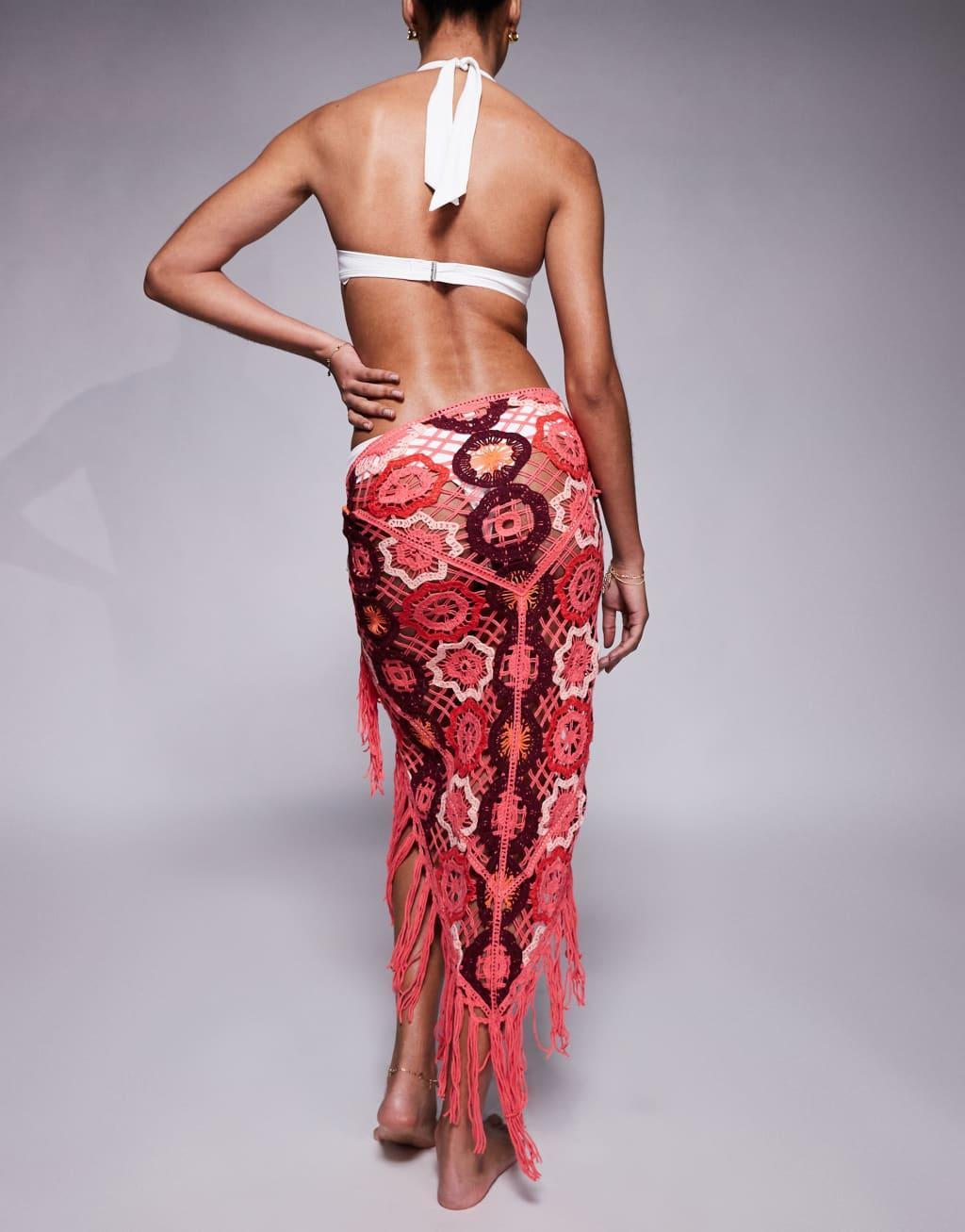 River Island crochet sarong in mid pink Product Image