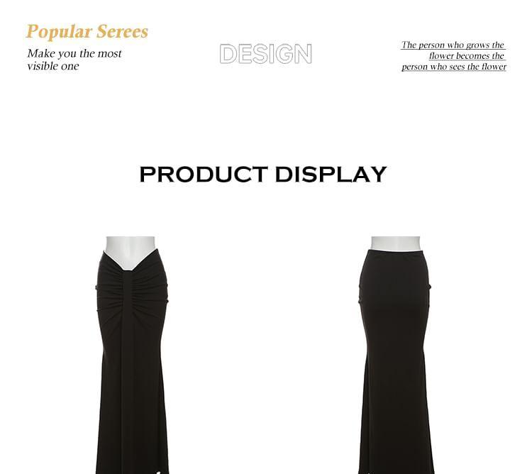Long-Sleeve Mock Neck Plain Asymmetrical Lace Panel Cropped T-Shirt / Mid Waist Ruched Maxi Fishtail Skirt Product Image