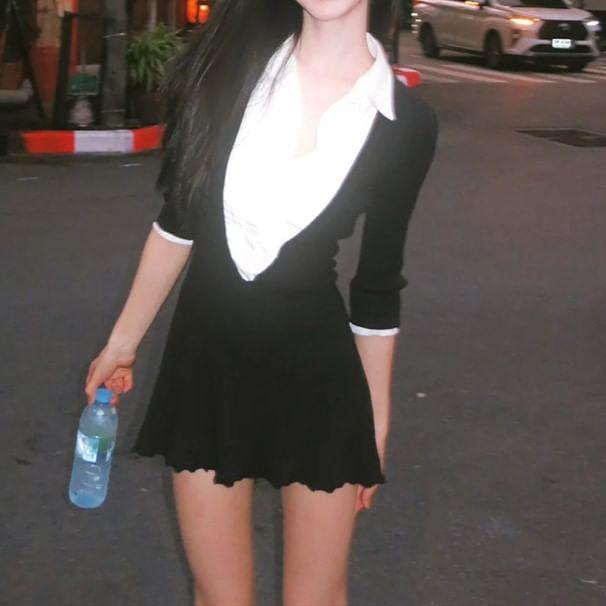 Mock Two-Piece Long-Sleeve Collared Mini A-Line Dress Product Image