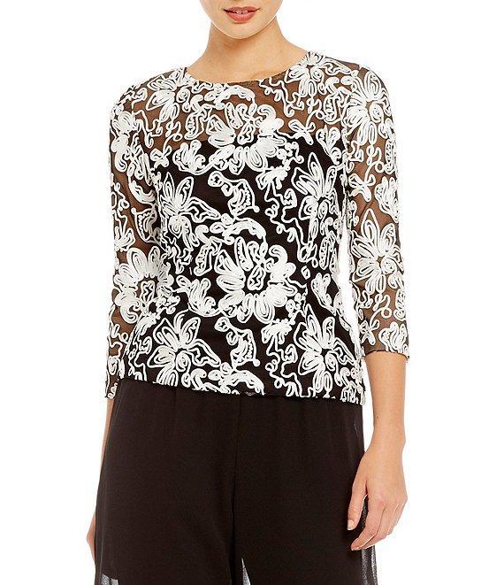Alex Evenings Illusion Crew Neck 3/4 Sleeve Embroidered Floral Lace Top Product Image