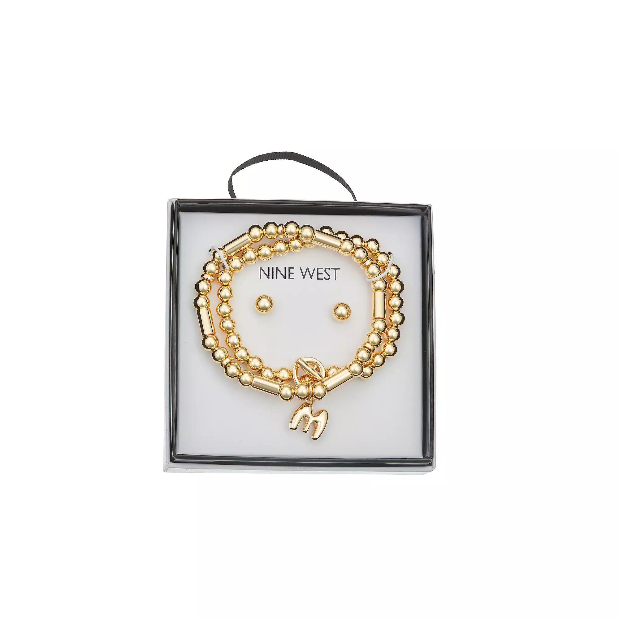 Nine West Gold Tone Initial Bracelet & Stud Earring Set, Womens, Gold Tone M Product Image